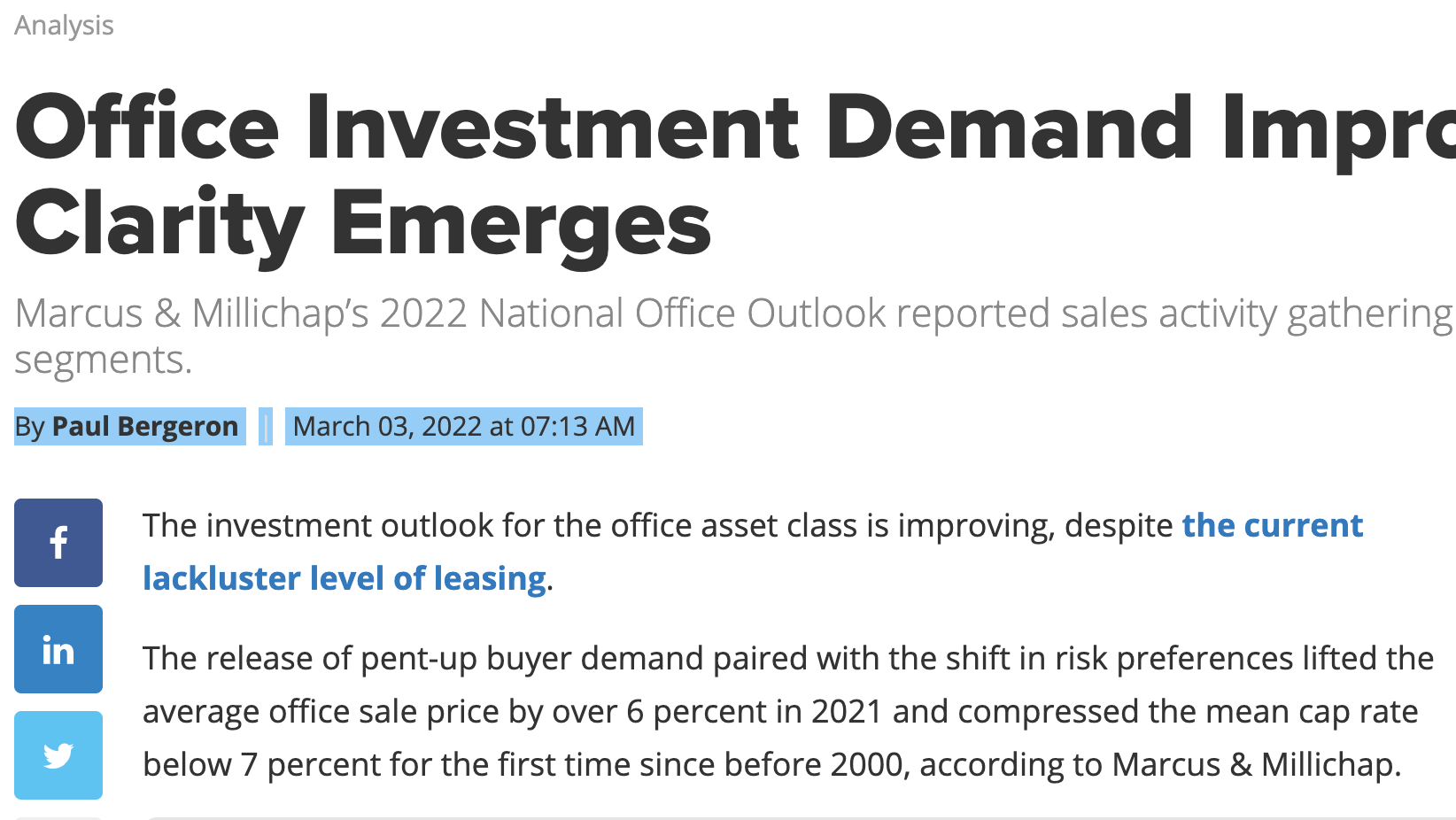 Office Investment Demand Improving as Clarity Emerges