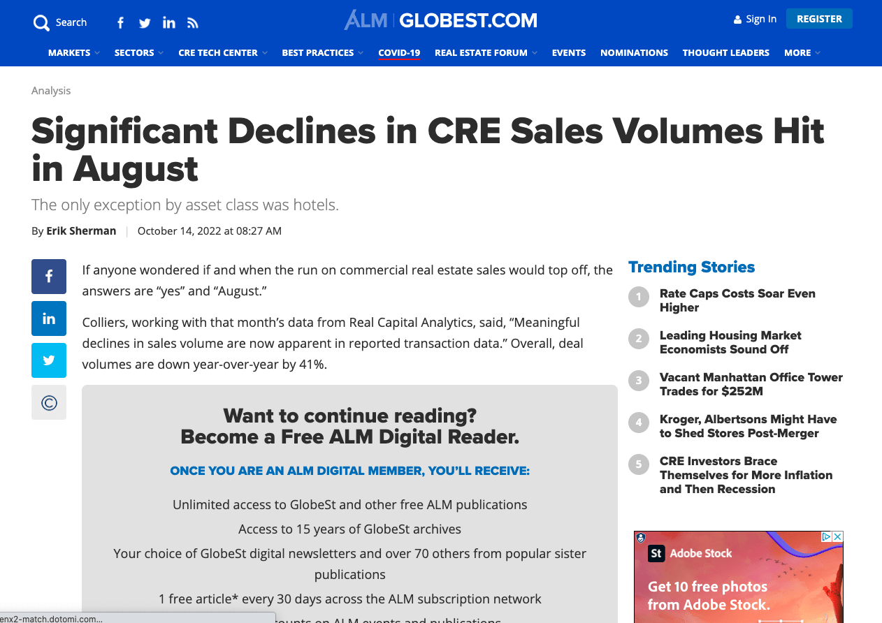 Significant Declines in CRE Sales Volumes Hit in August