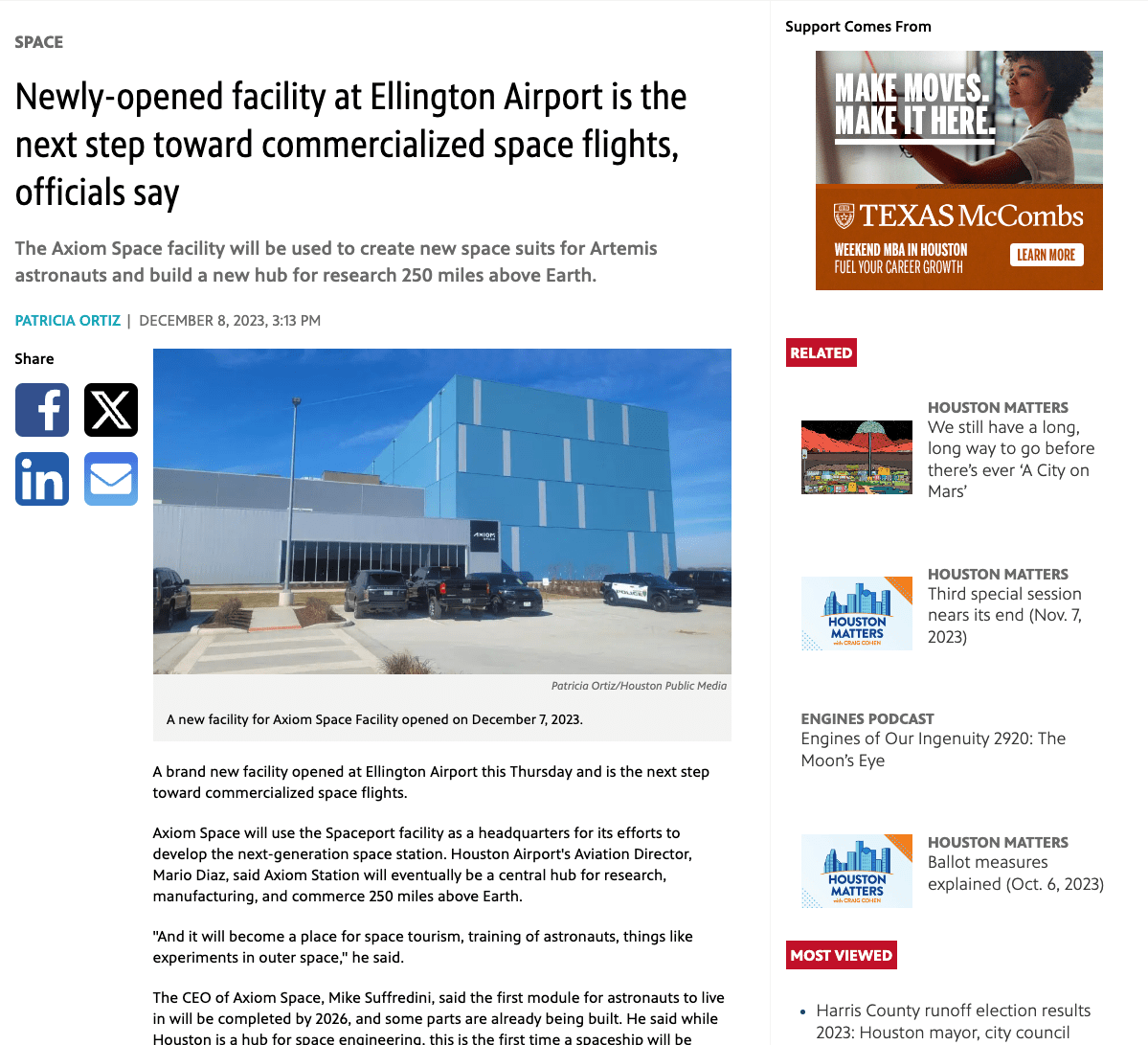 Newly-opened facility at Ellington Airport is the next step toward commercialized space flights, officials say
